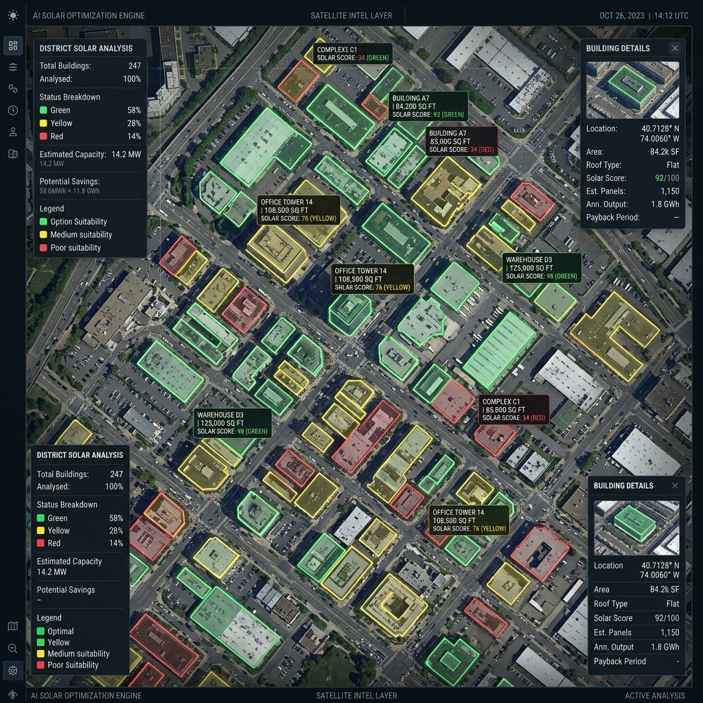 AI Solar Optimization Engine — district-level satellite analysis showing 247 buildings with solar scores, building details, and status breakdown